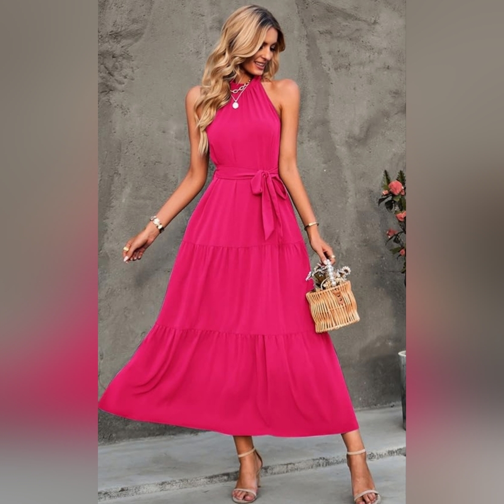 PRETTY GARDEN Women's Summer  Sleeveless Halter Neck Maxi Sun Dress Large NWT